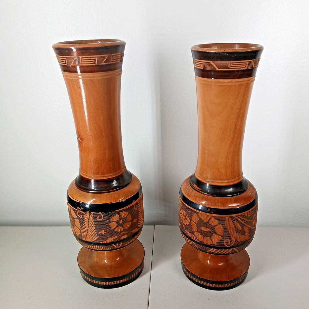 Set of 2 Carved ETCHED WOODEN Floral Flower Vase, Boho, 11" and 11.5 x3¼" Mexico
